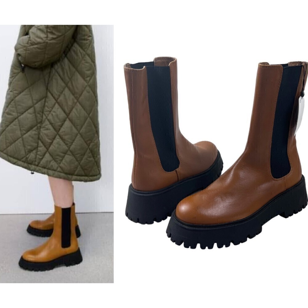 Zara Women Size 6 Cognac Leather Lug Chucky Chealse Combat Pull On NEW Boots